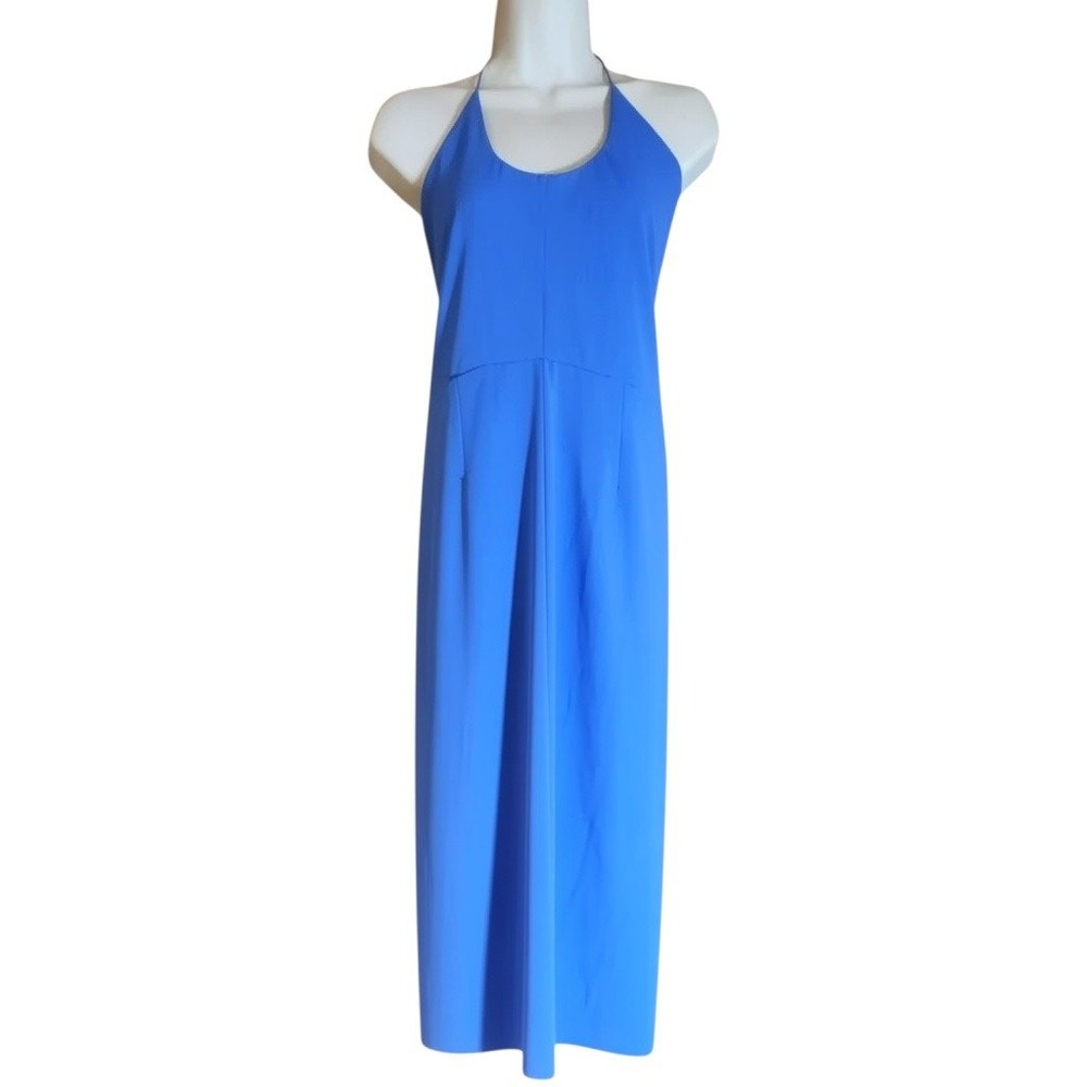 Lulus Cornflower Blue Halter Midi Dress Slit Stretch Crepe L NWT Wedding Guest